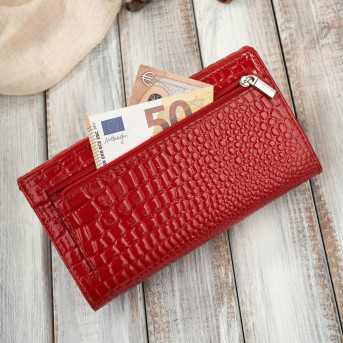 Portfel damski skórzany duży czerwony croco z ochroną RFID
