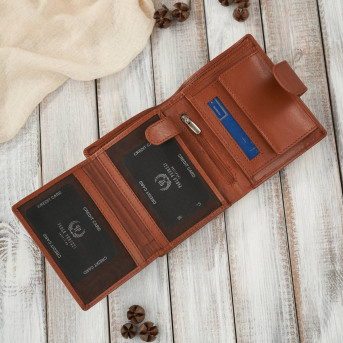 Portfel damski skórzany klasyczny koniakowy ze skóry naturalnej licowej