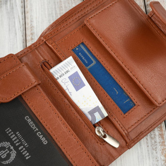 Portfel damski skórzany klasyczny koniakowy ze skóry naturalnej licowej