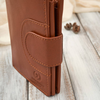 Portfel damski skórzany klasyczny koniakowy ze skóry naturalnej licowej