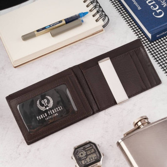 Portfel męski skórzany brązowy T-46-BR i brelok T-86-BR do kluczy zestaw prezentowy ZUP-135-BR