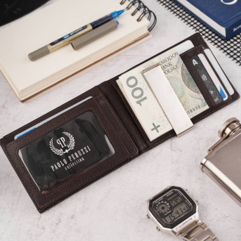 Portfel męski skórzany brązowy T-46-BR i brelok T-86-BR do kluczy zestaw prezentowy ZUP-135-BR