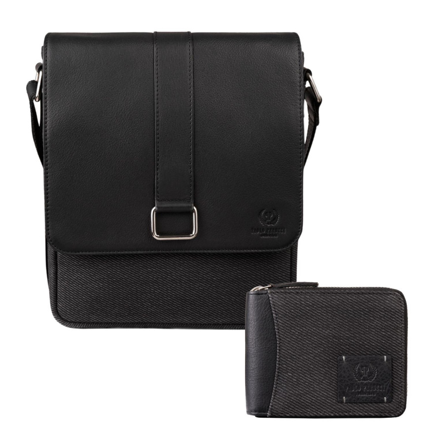 Portfel męski w orientacji poziomej AY-07-BL i listonoszka męska skórzana AY-01-BL zestaw upominkowy Paolo Peruzzi ZUP-137Portfe