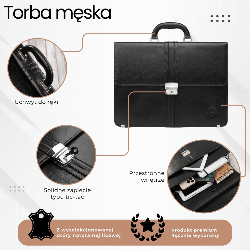 Aktówka męska skórzana Paolo Peruzzi do ręki i na ramię