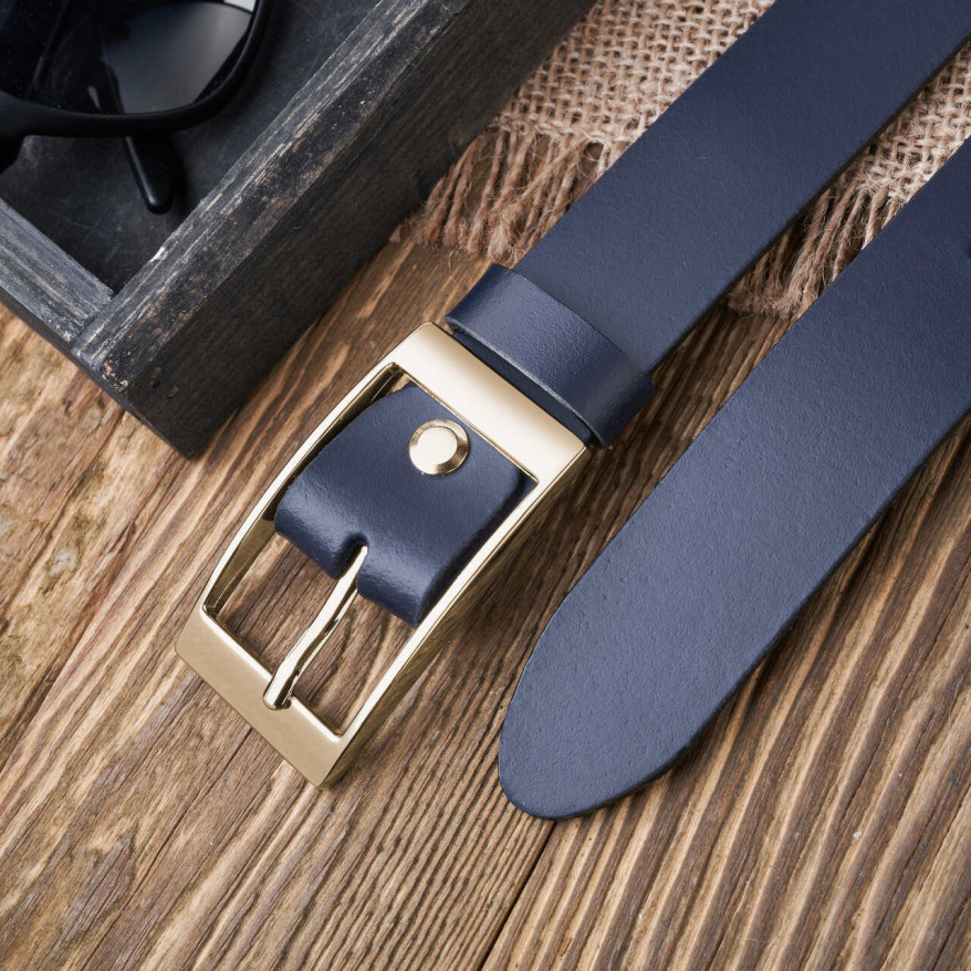 Pasek damski skórzany granatowy 120 cm ze złotą klamrą PG-02-DBZ-120