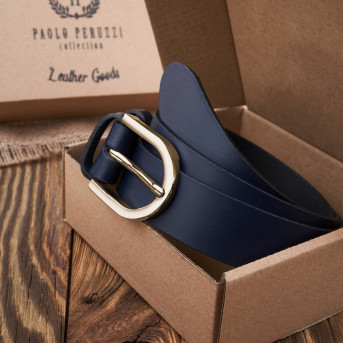 Pasek damski skórzany granatowy 90 cm ze złotą klamrą PG-01-DBZ-90