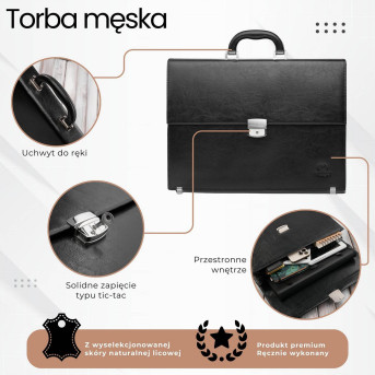 Aktówka męska skórzana do ręki i na ramię elegancka czarna S-43-BL