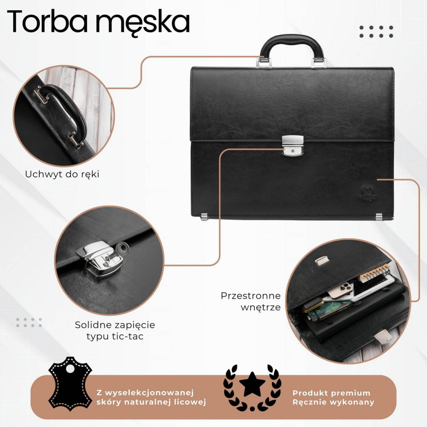 Aktówka męska skórzana do ręki i na ramię elegancka czarna S-43-BL