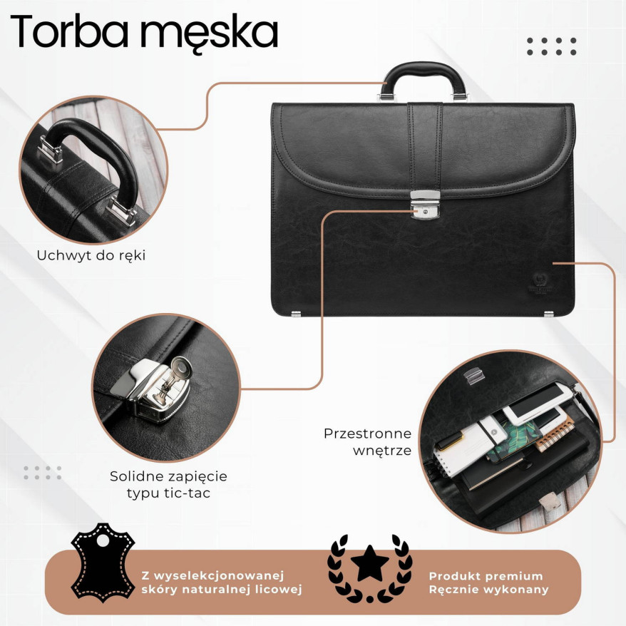 Aktówka męska skórzana do ręki i na ramię elegancka czarna S-42-BL