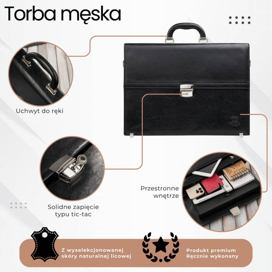 Aktówka męska skórzana do ręki i na ramię elegancka czarna S-44-BL