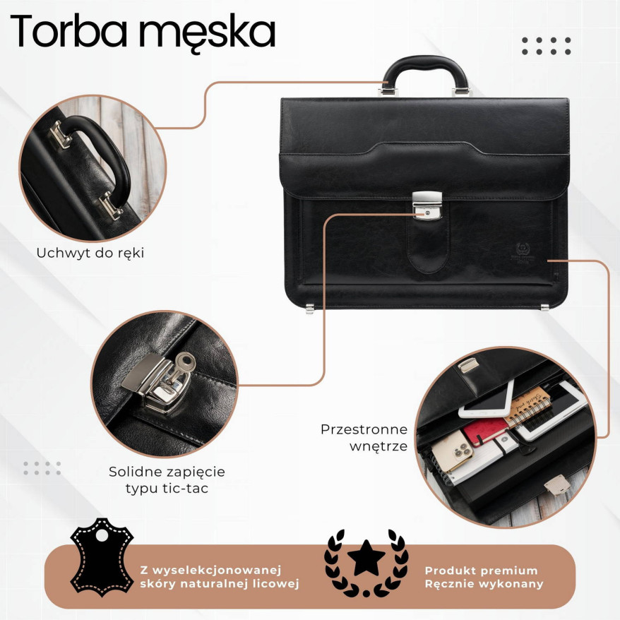 Aktówka męska skórzana do ręki i na ramię elegancka czarna S-45-BL