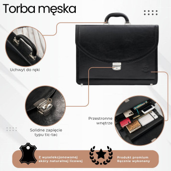 Aktówka męska skórzana do ręki i na ramię elegancka czarna S-46-BL