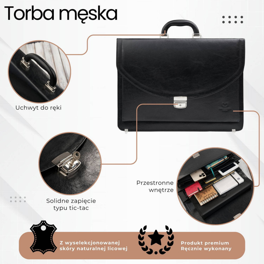 Aktówka męska skórzana do ręki i na ramię elegancka czarna S-46-BL