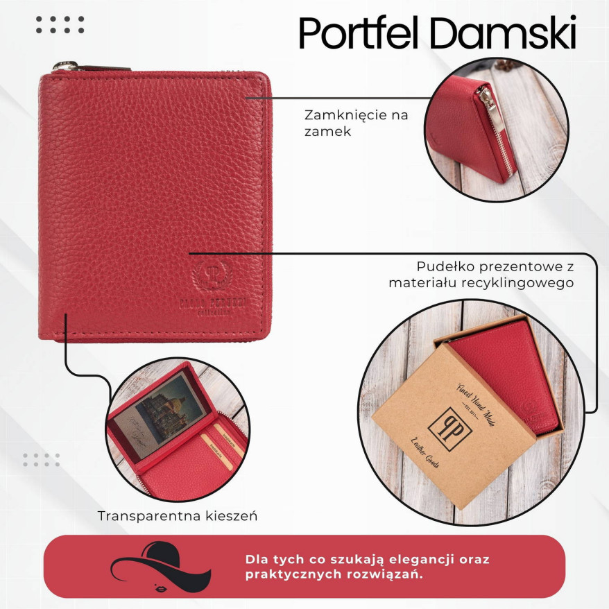 Portfel damski skórzany głęboka czerwień RFID Paolo Peruzzi T-139-RD