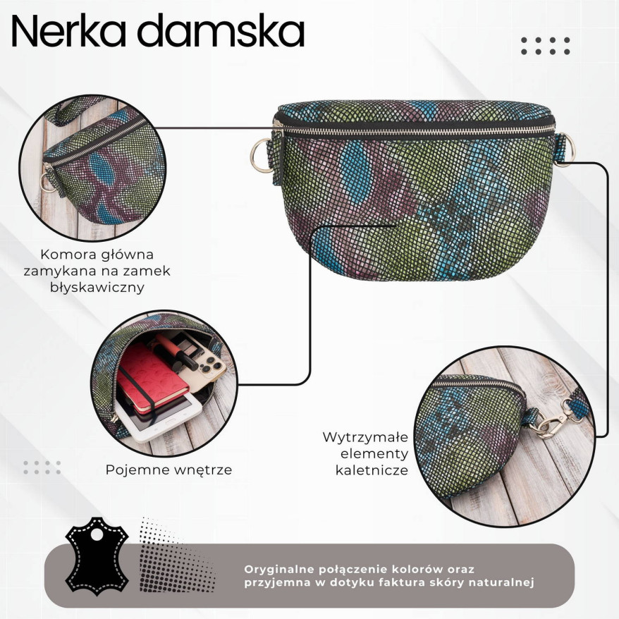 Nerka skórzana saszetka damska na pas z printem imitującym skórę wężową T-36-A
