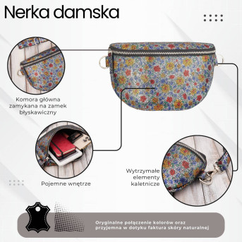 Nerka damska skórzana w kwiaty saszetka na pas na ramię T-36-B
