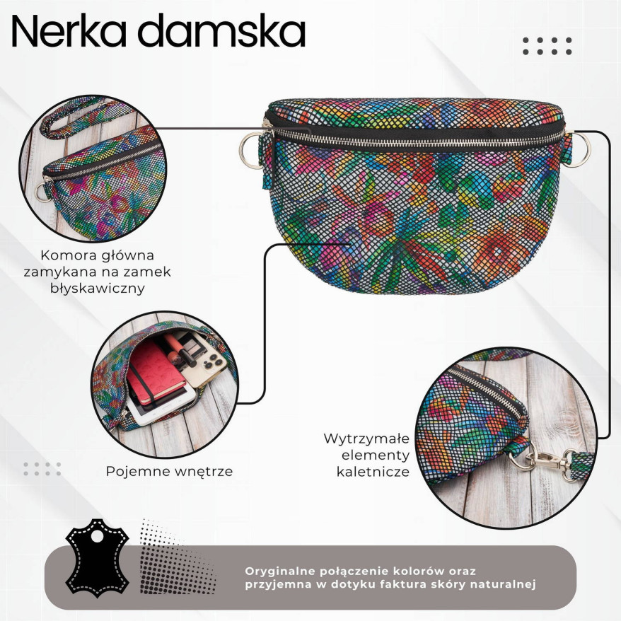 Nerka damska skórzana w kwiaty saszetka na pas Paolo Peruzzi T-36-C