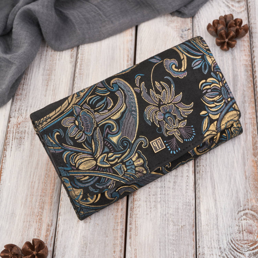 Portfel damski skórzany duży z orientalnym printem Paolo Peruzzi T-01-G