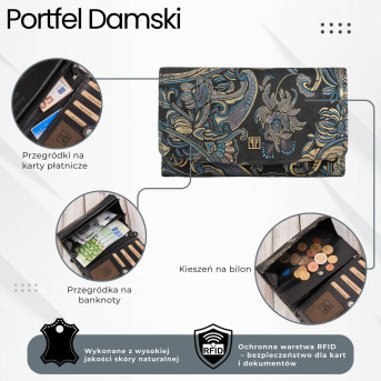 Portfel damski skórzany duży z orientalnym printem Paolo Peruzzi T-01-G