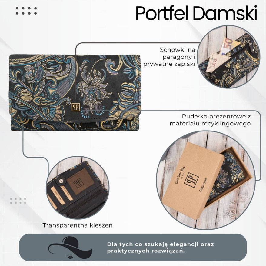 Portfel damski skórzany duży z orientalnym printem Paolo Peruzzi T-01-G