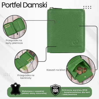 Portfel damski skórzany na suwak zielony RFID Paolo Peruzzi T-139-GB