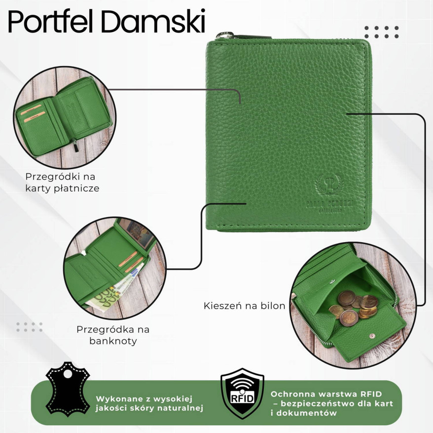 Portfel damski skórzany na suwak zielony RFID Paolo Peruzzi T-139-GB