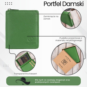 Portfel damski skórzany na suwak zielony RFID Paolo Peruzzi T-139-GB