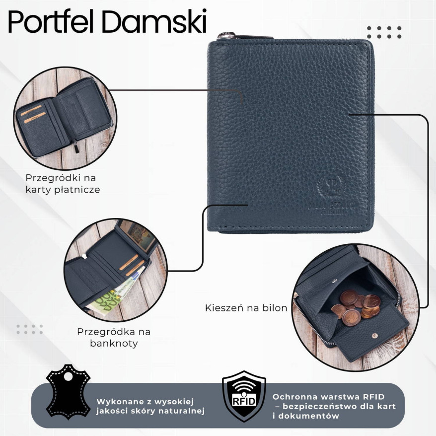 Portfel damski skórzana portmonetka na suwak RFID Paolo Peruzzi T-139-NV