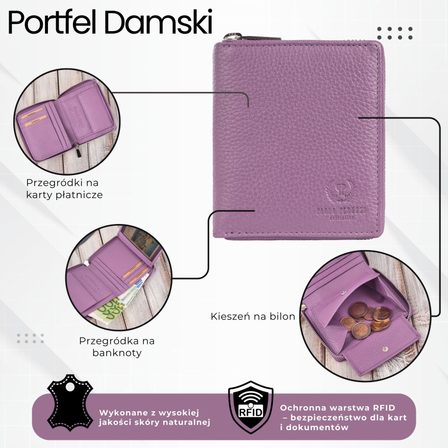 Portfel damski skórzany fioletowy z ochroną RFID Paolo Peruzzi T-139-PI