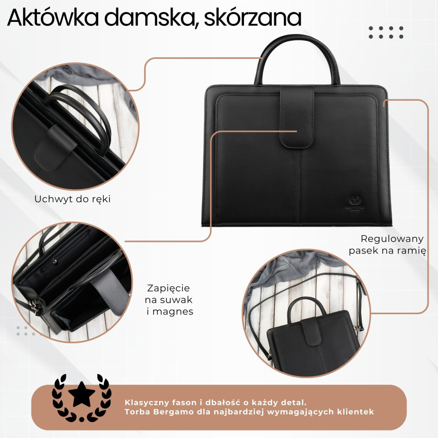 Aktówka damska skórzana czarna torba do ręki i na ramię 168BY-HBL Paolo Peruzzi