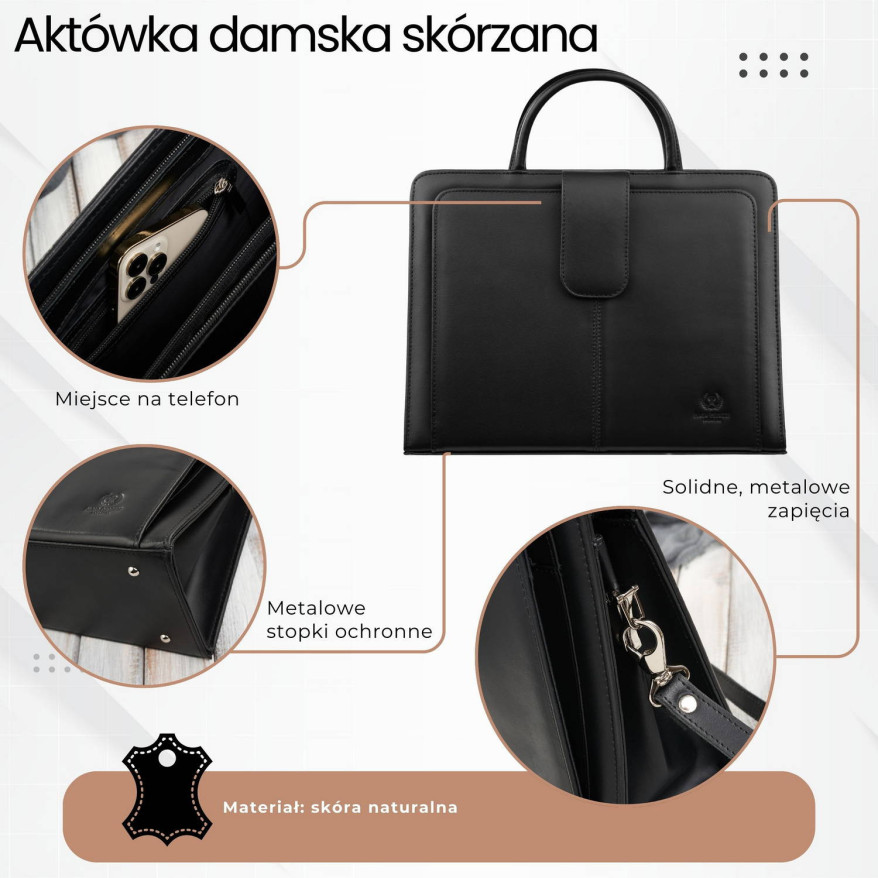 Aktówka damska skórzana czarna torba do ręki i na ramię 168BY-HBL Paolo Peruzzi