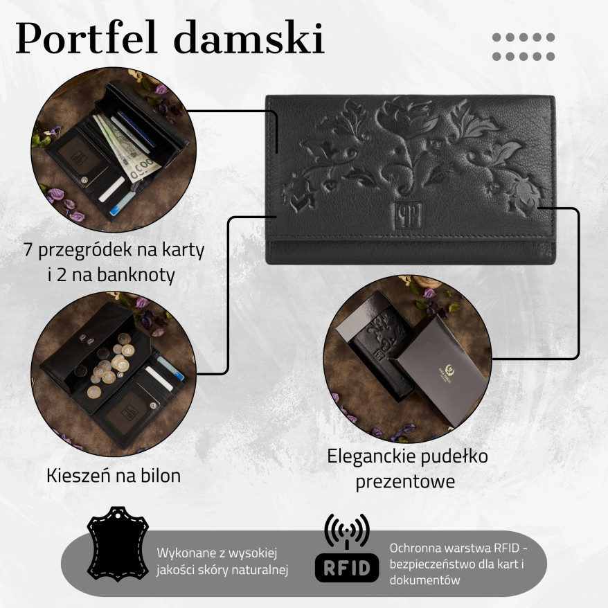 CZARNY SKÓRZANY PORTFEL DAMSKI PAOLO PERUZZI T-45-BL