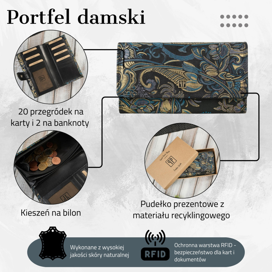 Portfel damski skórzany duży skórzany z orientalnym printem Paolo Peruzzi T-05-G