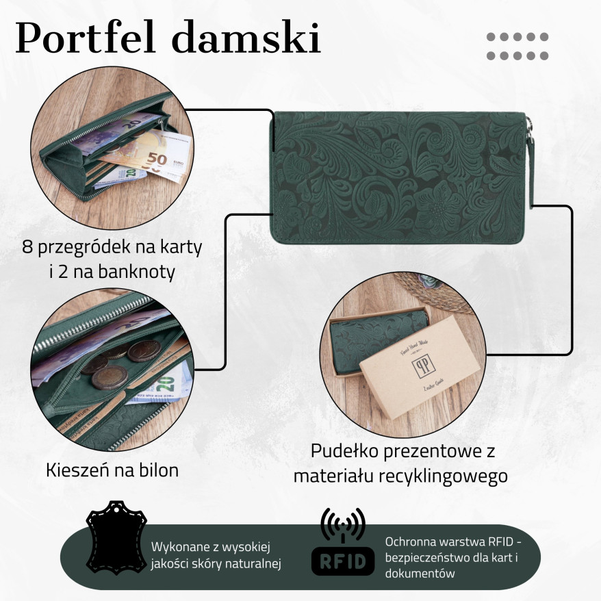 DAMSKI SKÓRZANY ZIELONY PORTFEL NA SUWAK PAOLO PERUZZI T-08-GR