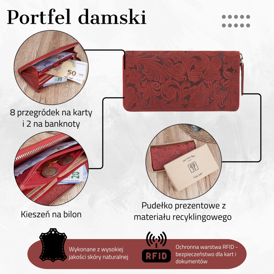 DAMSKI SKÓRZANY CZERWONY PORTFEL NA SUWAK PAOLO PERUZZI T-08-RD