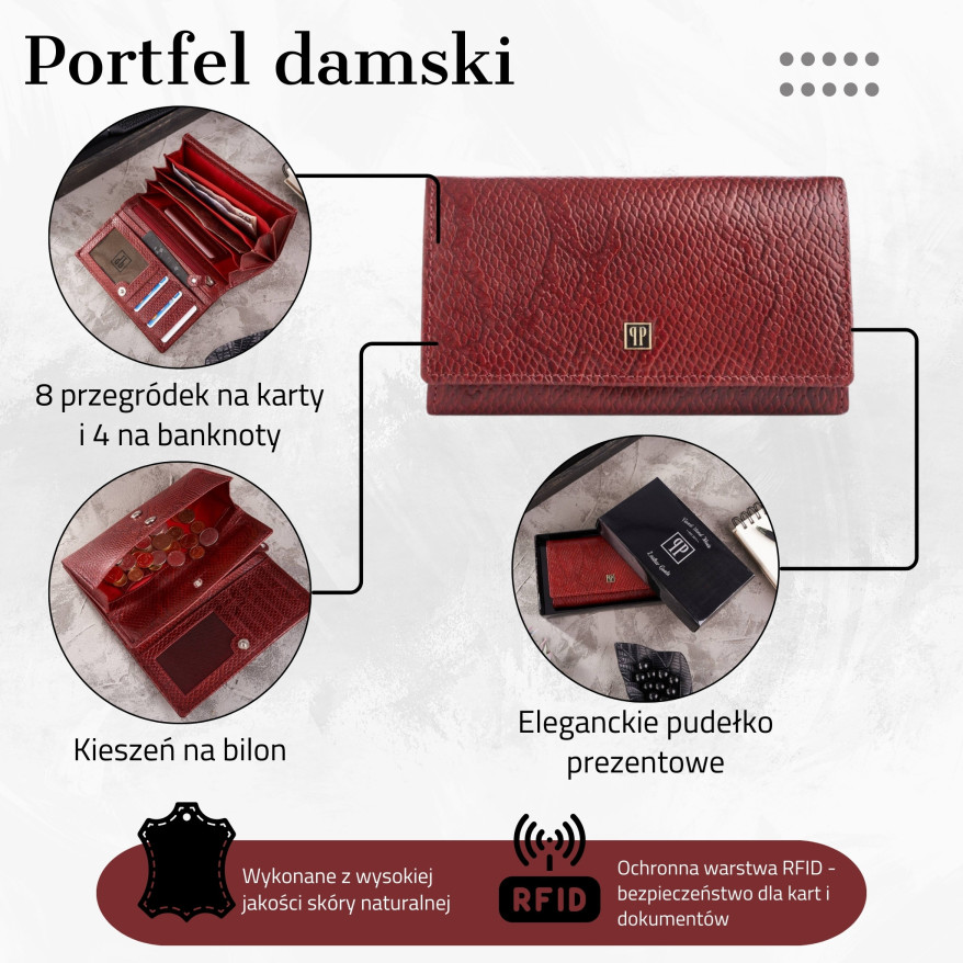DAMSKI DUŻY SKÓRZANY CZERWONY PORTFEL PAOLO PERUZZI T-09-RD