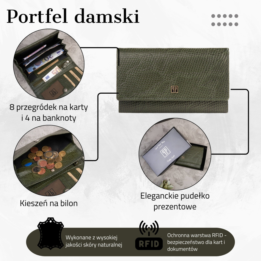 Portfel damski skórzany z imitacją wężowej skóry zielony Paolo Peruzzi T-09-GR