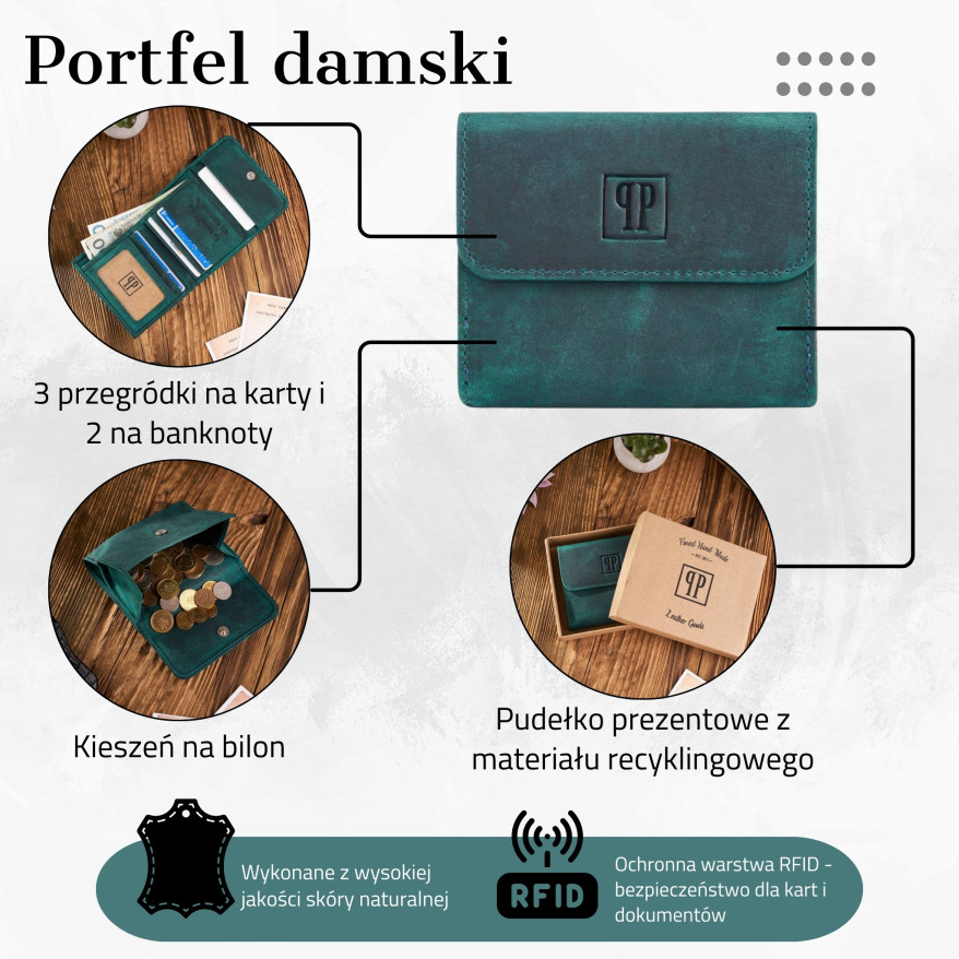 DAMSKI ZIELONY SKÓRZANY PORTFEL VINTAGE RETRO PAOLO PERUZZI T-11-GR