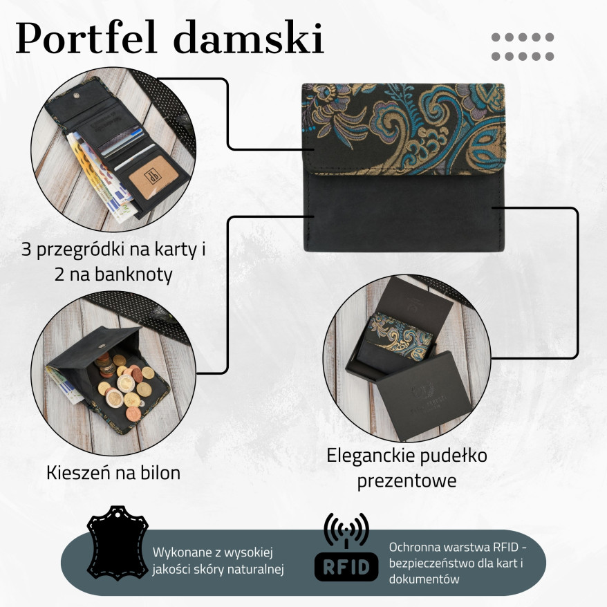 Portfel damski skórzany mały czarny RFID Paolo Peruzzi T-11-G