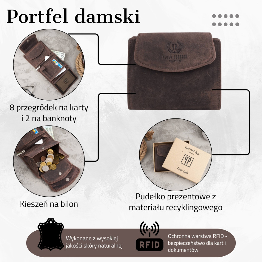 DAMSKI BRĄZOWY SKÓRZANY PORTFEL PAOLO PERUZZI RFID T-12-HBR