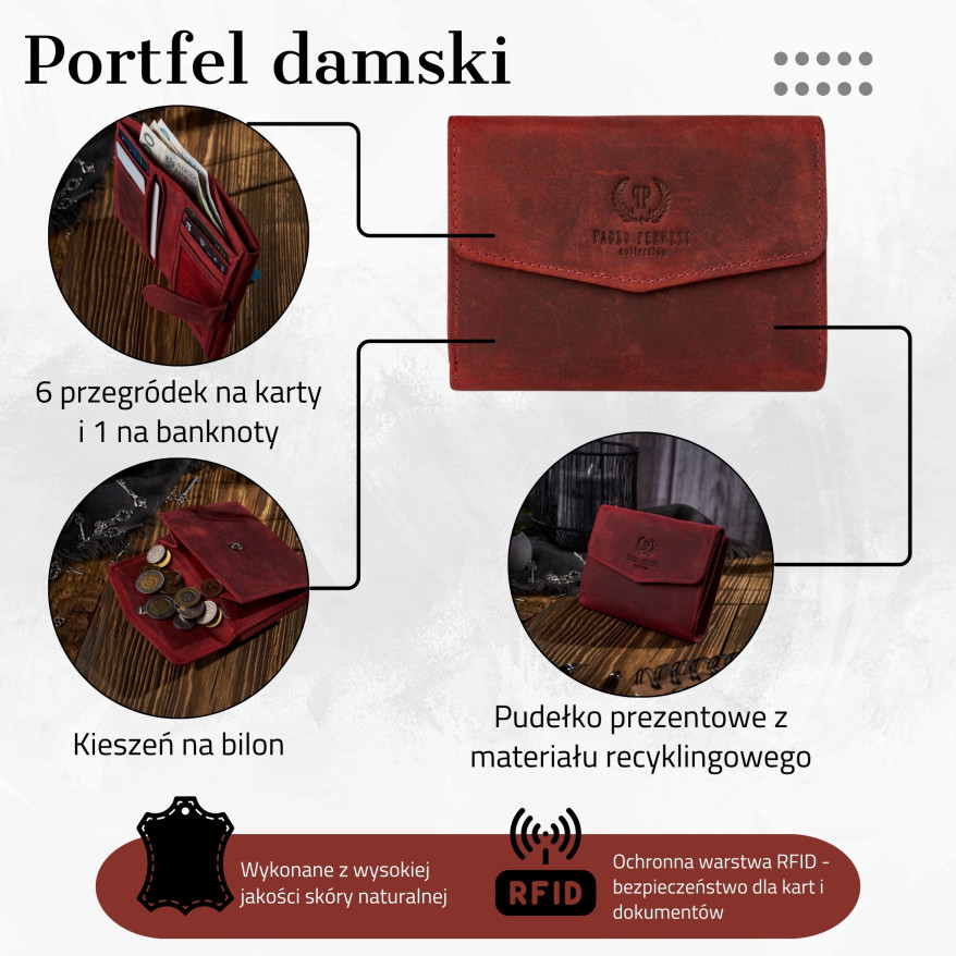 PORTFEL DAMSKI SKÓRZANY CZERWONY VIINTAGE RFID PAOLO PERUZZI T-35-RD