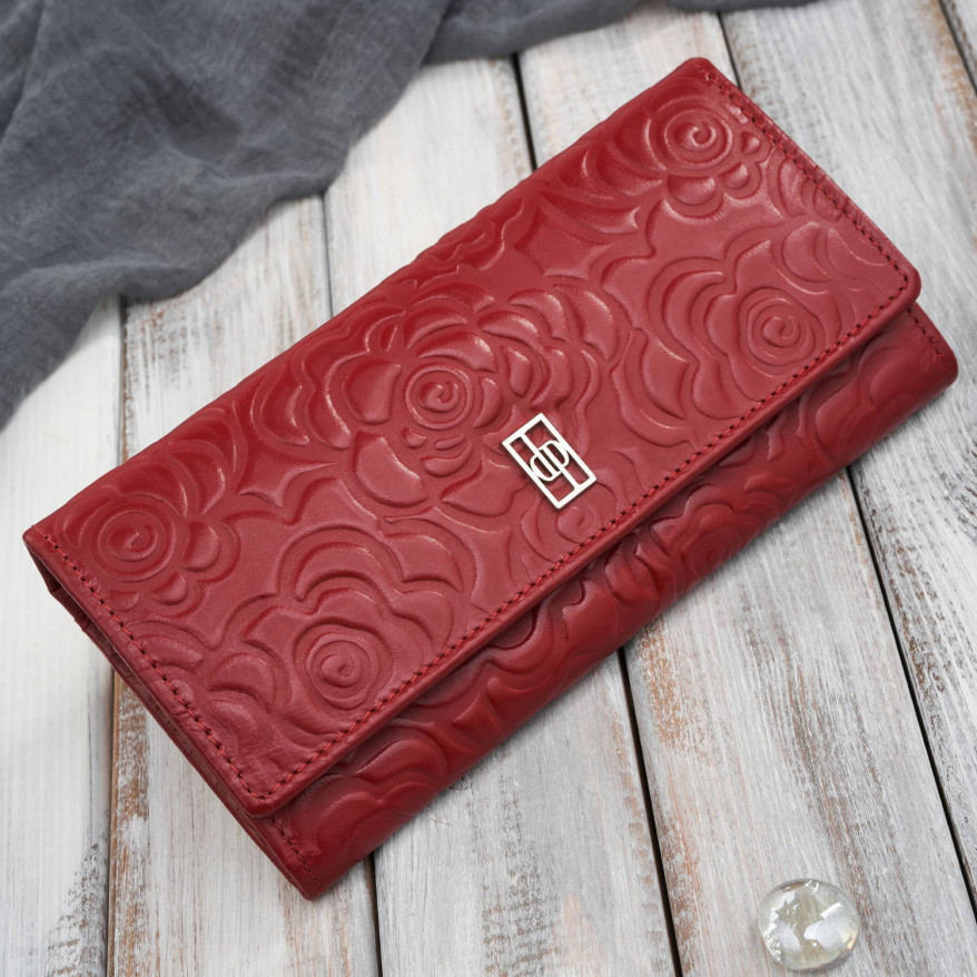 Portfel damski skórzany duży z tłoczeniem w kwiaty czerwony Paolo Peruzzi AL-12-RD