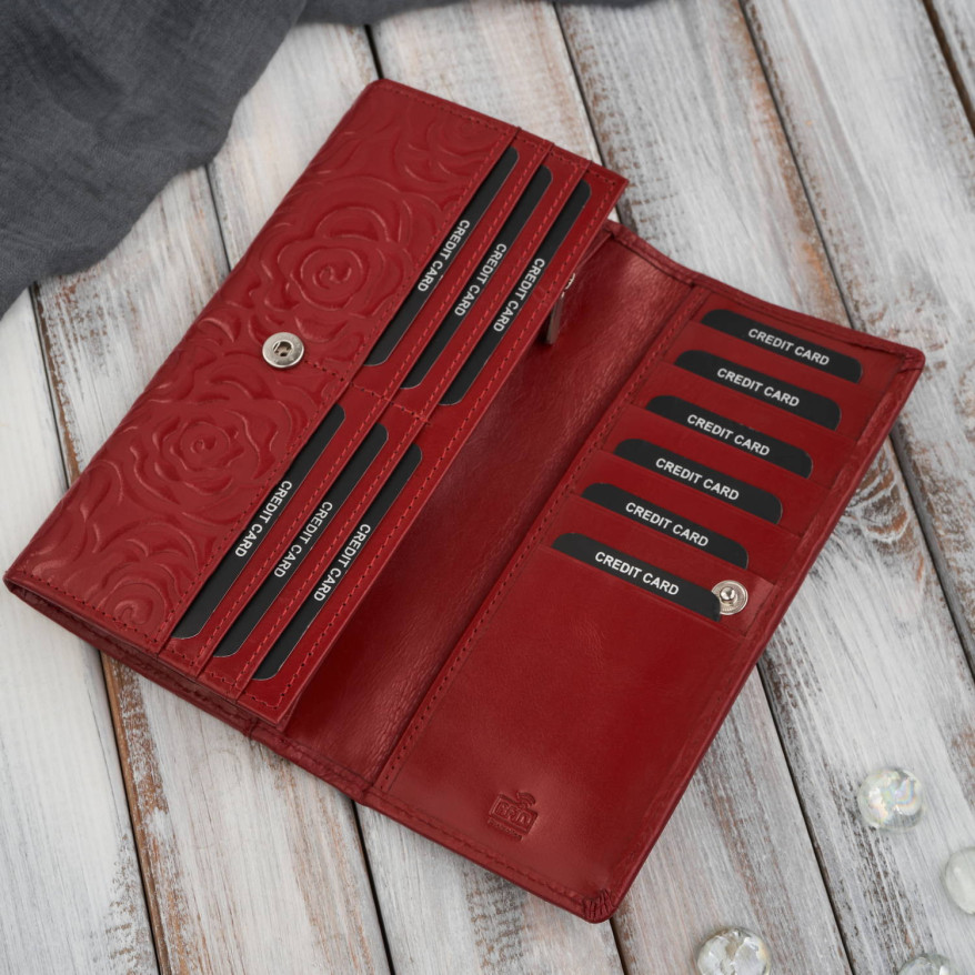 Portfel damski skórzany duży z tłoczeniem w kwiaty czerwony Paolo Peruzzi AL-12-RD