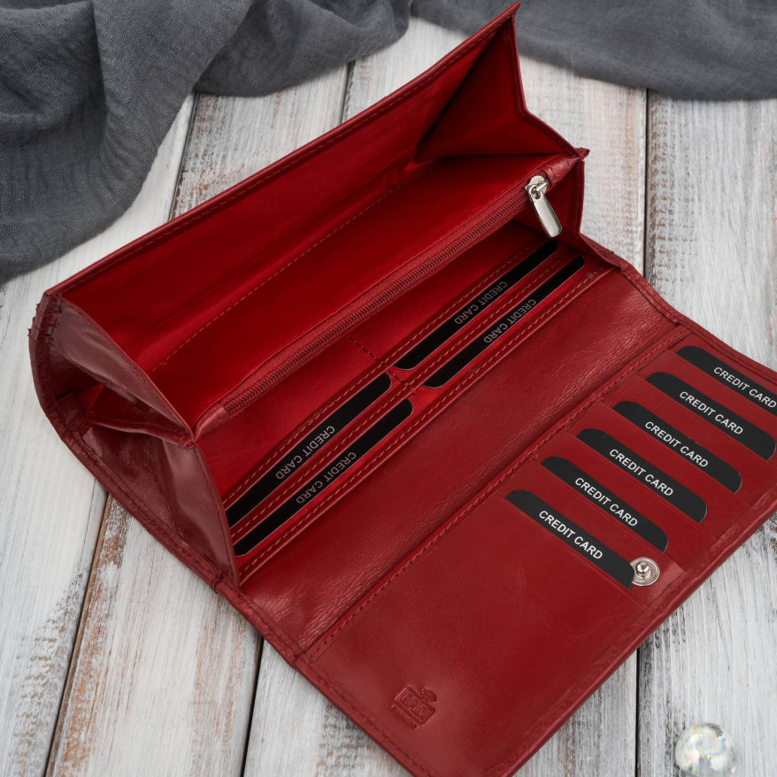 Portfel damski skórzany duży z tłoczeniem w kwiaty czerwony Paolo Peruzzi AL-12-RD