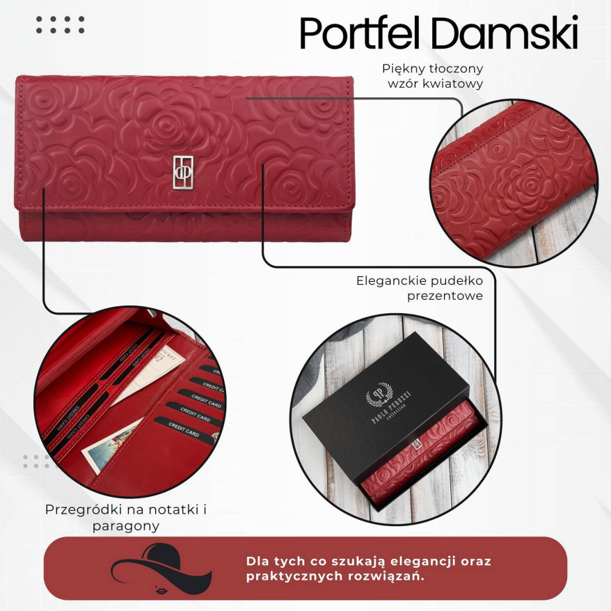 Portfel damski skórzany duży z tłoczeniem w kwiaty czerwony Paolo Peruzzi AL-12-RD
