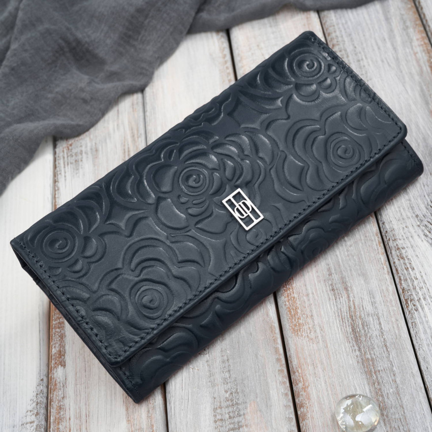 Duży portfel damski skórzany granatowy w kwiaty Paolo Peruzzi AL-12-NV