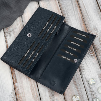 Duży portfel damski skórzany granatowy w kwiaty Paolo Peruzzi AL-12-NV