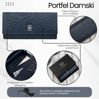 Duży portfel damski skórzany granatowy w kwiaty Paolo Peruzzi AL-12-NV