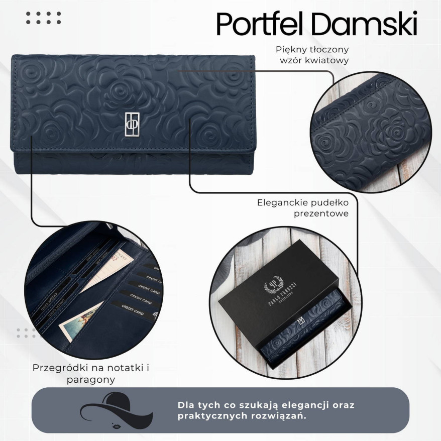 Duży portfel damski skórzany granatowy w kwiaty Paolo Peruzzi AL-12-NV