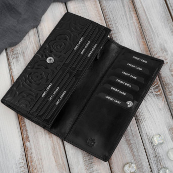 Portfel damski skórzany z tłoczeniem w kwiaty czarny z ochroną RFID Paolo Peruzzi AL-12-BL